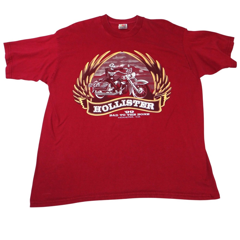 Vintage Red Skeleton Biker Bad To The Bone Tee Hollister‎ Calif Mens XL